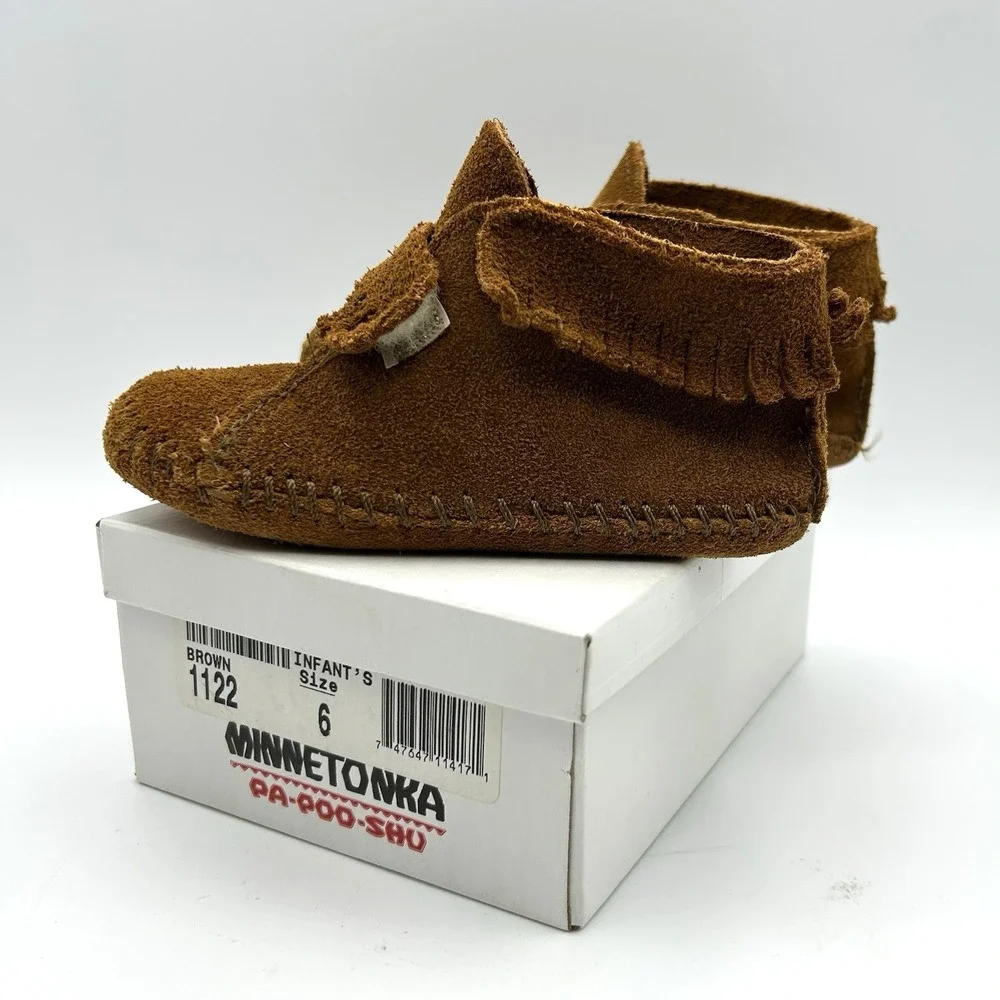 Vtg Minnetonka Brown Suede Moccasin Booties Infant Sz6 PaPooShu Fringe Boho Baby